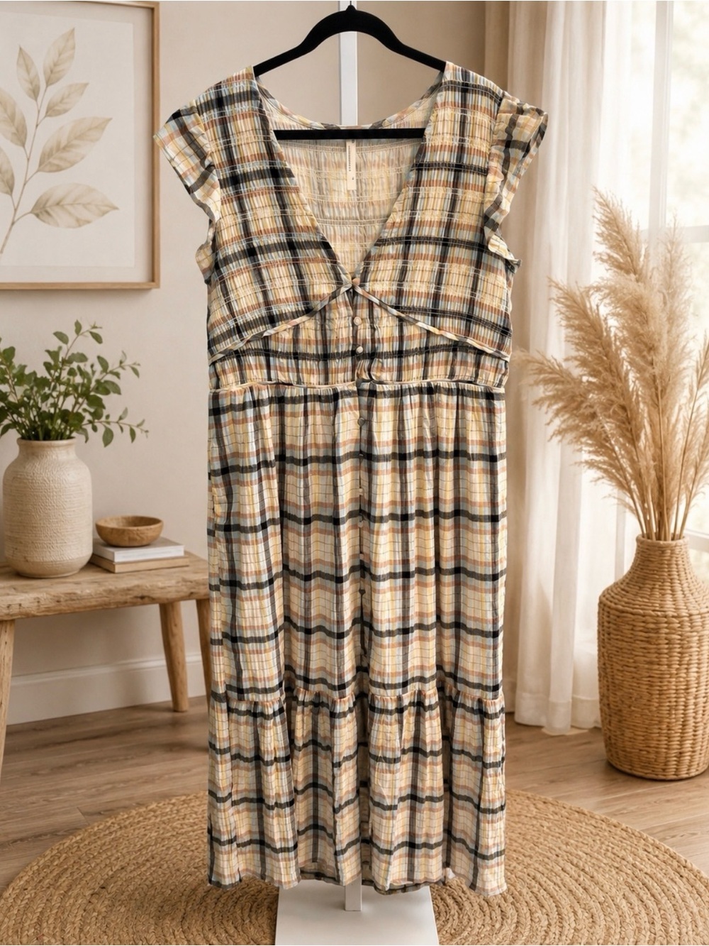 By Anthropologie Peregrine Midi Dress Plaid V-Neck Sz XL -NWOT